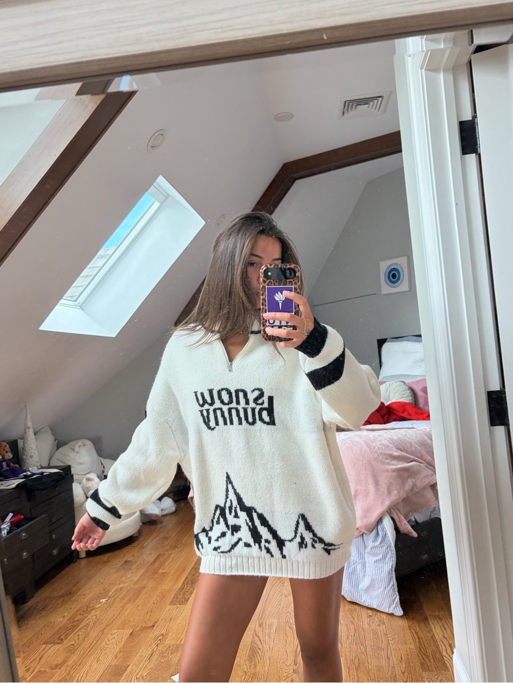 Snow Bunny Mountain Graphic Cream Knit Sweater